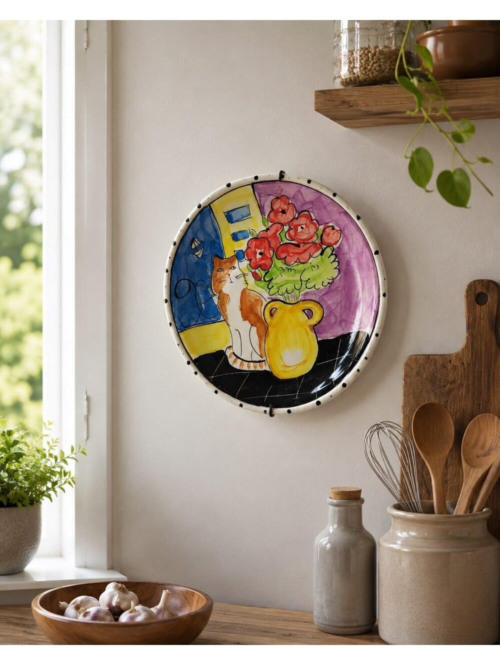 Hand-Painted Ceramic Wall Plate with Cat and Flower Design, 12-Inch Decorative